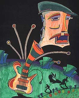 A color pencil illustration of Les Claypool. His unique bass guitar takes up the bottom portion of the work, and his head pops out of the end of the neck. The six strings are swinging around, tuning pegs stick out of the side of his head, and his mouth is open as if he's singing. The bass stands on a stage with the rest of his band quite small below him, speakers line the back of the stage and a crowd is seen in front of the stage.