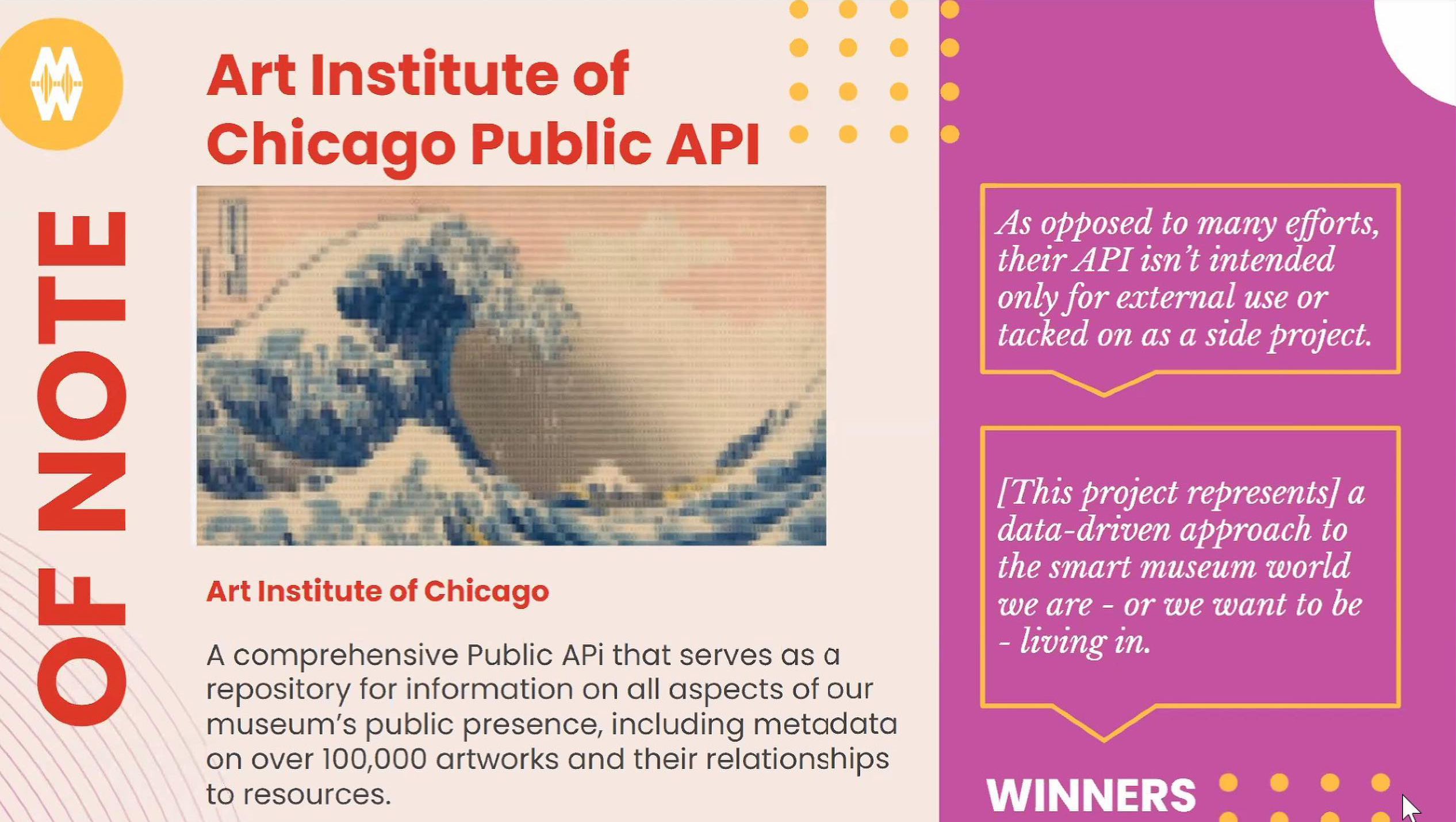 A slide from the virtual GLAMi awards naming the Art Institute of Chicago API as an award winner