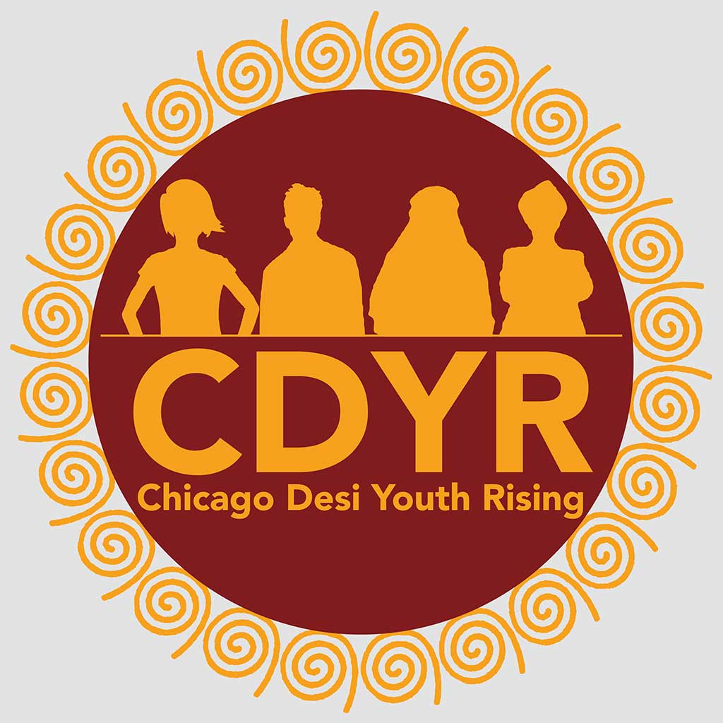 An digitally illustrated logo for Chicago Desi Youth Rising. It's a burgundy circle with rusty orange swirls circling the perimeter. Inside the circle are four silhouetted South Asian figures. Below the figure says 