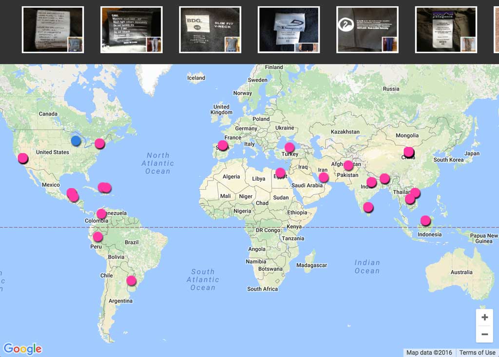 A screenshot of a world map showing pink dots for each location where one of my clothes were made.