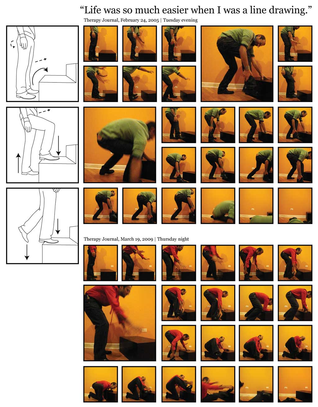 A play off of an instructional chart. On the left are three line drawing illustrations showing how to walk up a single step. On the right are a series of snapshot photos showing myself as someone who's struggling to walk up a single step, eventually falling over to the ground in frustration.