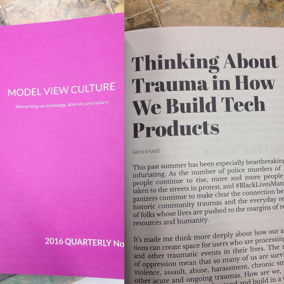 Split-pane photo. On the left side is the cover of the Fall 2016 issue of the magazine Model View Culture, and on the right side is a photo of the first page of my article in the magazine titled 